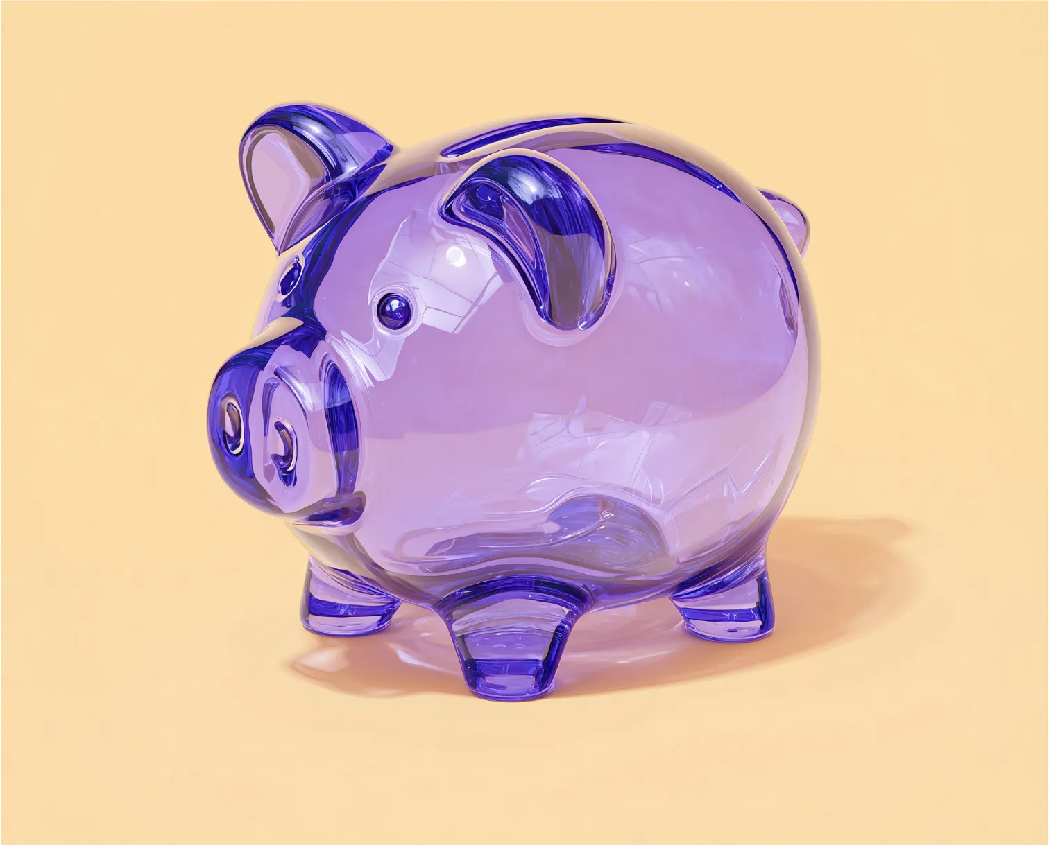 Ein lila Sparschwein aus Glas auf warmgelbem Hintergrund
